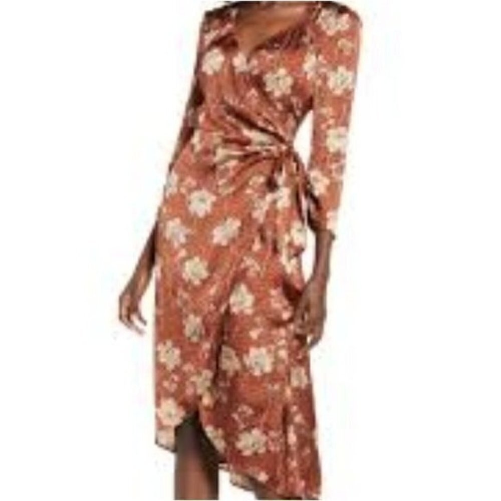Leith Brown animal print floral boho wrap midi party women dress S Cottage Core